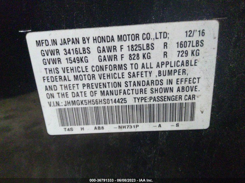 2017 HONDA FIT LX - JHMGK5H56HS014425