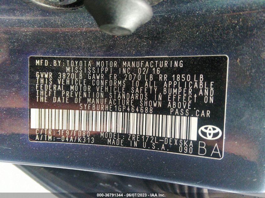 2016 TOYOTA COROLLA L/LE/S/S PLUS/LE PLUS - 5YFBURHE1GP464688