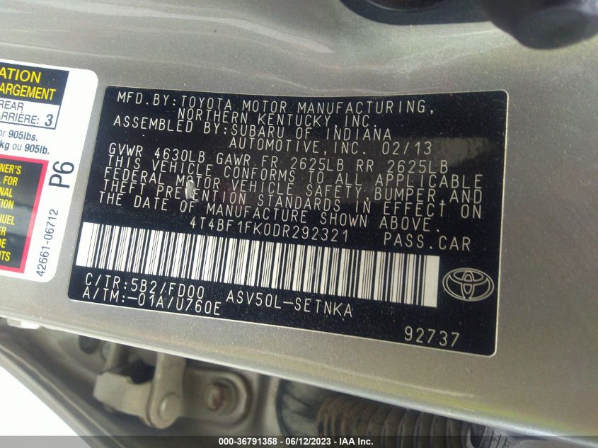 2013 TOYOTA CAMRY L/LE/SE/XLE - 4T4BF1FK0DR292321