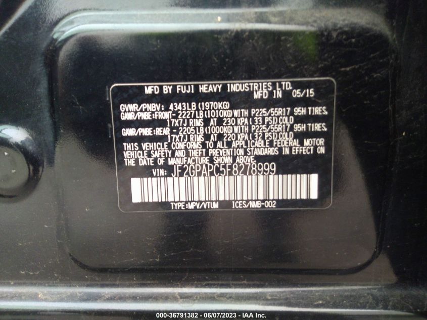 2015 SUBARU XV CROSSTREK LIMITED - JF2GPAPC5F8278999