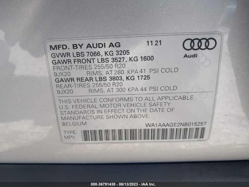 2022 AUDI E-TRON PREMIUM - WA1AAAGE2NB015257