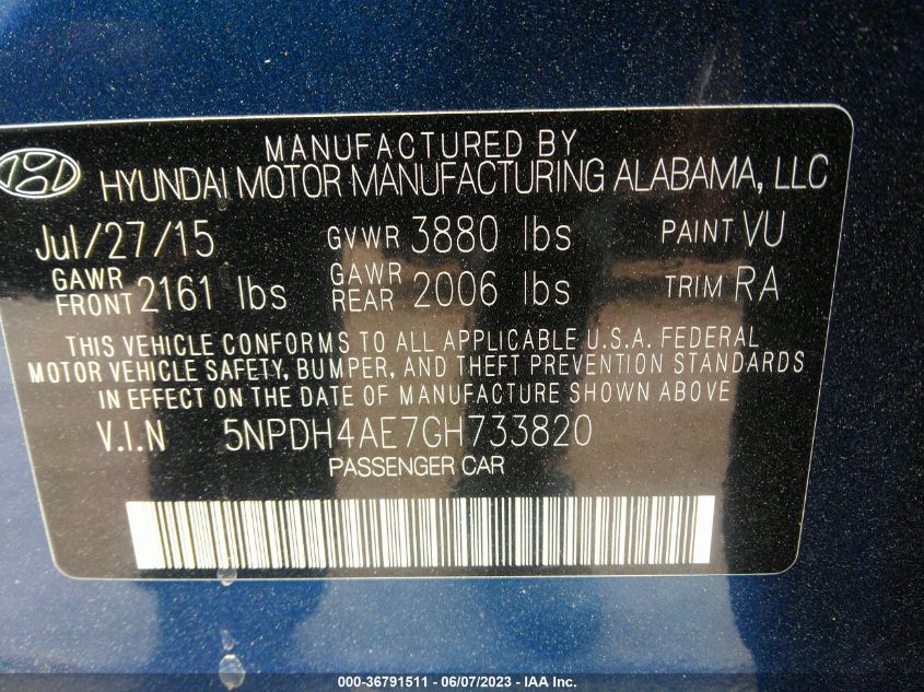 2016 HYUNDAI ELANTRA SE - 5NPDH4AE7GH733820