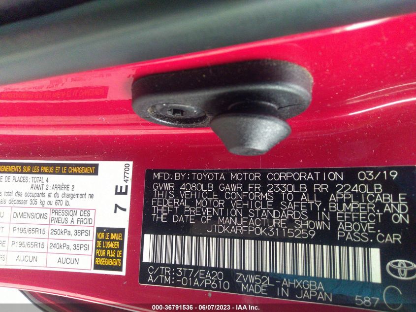 2019 TOYOTA PRIUS PRIME PLUS/PREMIUM/ADVANCED - JTDKARFP0K3115259