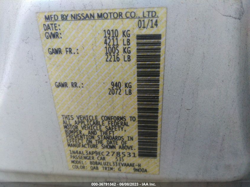 2014 NISSAN ALTIMA 2.5 SV - 1N4AL3AP9EC278531