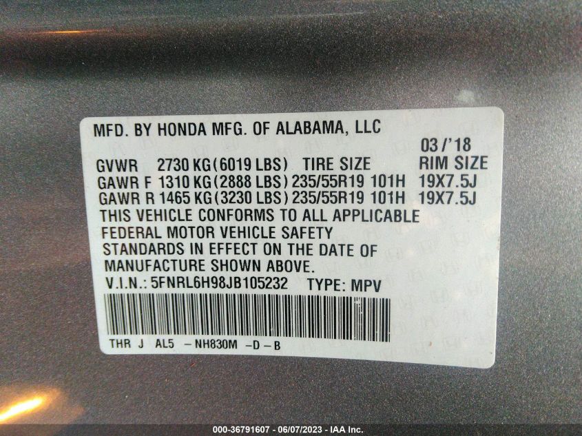 2018 HONDA ODYSSEY ELITE - 5FNRL6H98JB105232