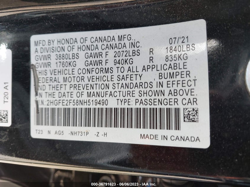 VIN 2HGFE2F58NH519490 2022 HONDA CIVIC SEDAN SPORT