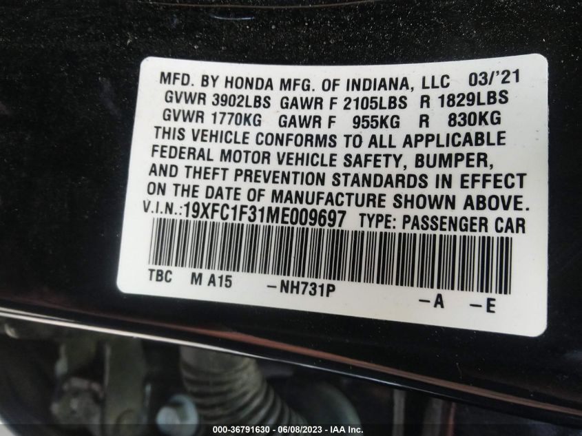 19XFC1F31ME009697 Honda Civic Sedan EX 9