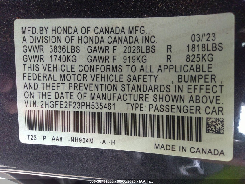 VIN 2HGFE2F23PH535461 2023 HONDA CIVIC SEDAN LX