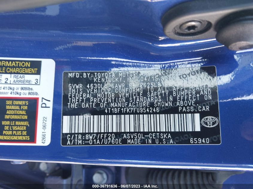 2015 TOYOTA CAMRY LE/XLE/SE/XSE - 4T1BF1FK7FU954246