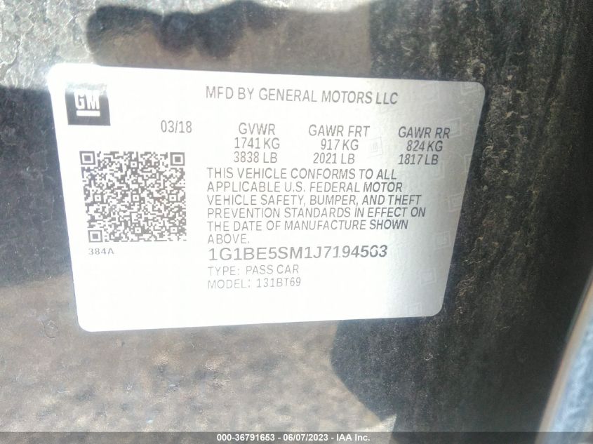 2018 CHEVROLET CRUZE LT - 1G1BE5SM1J7194563