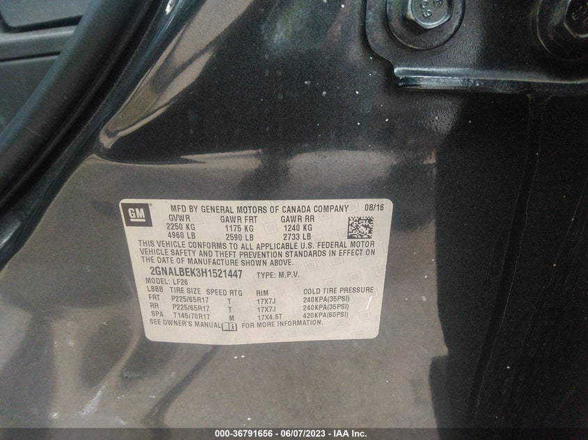VIN 2GNALBEK3H1521447 2017 CHEVROLET EQUINOX LS