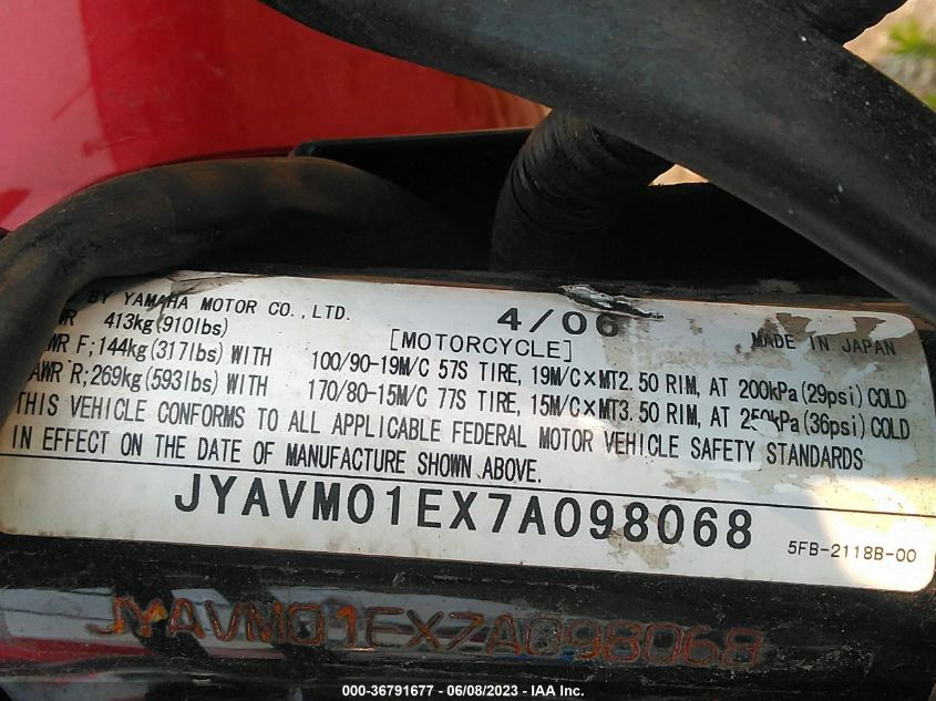 2007 YAMAHA XVS650 JYAVM01EX7A098068