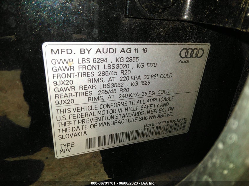VIN WA1LHAF71HD039002 2017 AUDI Q7 PREMIUM PLUS