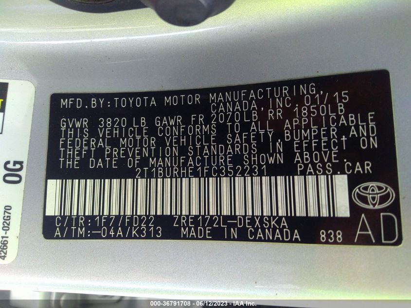 2015 TOYOTA COROLLA L/LE/S/S PLUS/LE PLUS - 2T1BURHE1FC352231