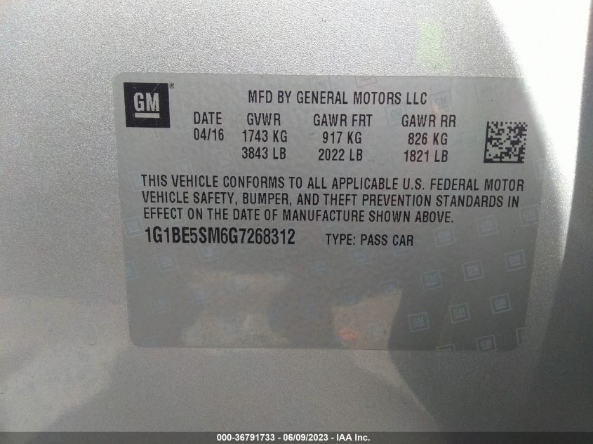 2016 CHEVROLET CRUZE LT - 1G1BE5SM6G7268312