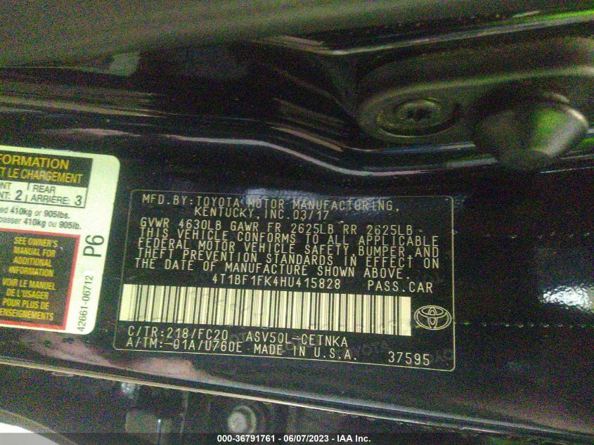 2017 TOYOTA CAMRY XLE/SE/LE/XSE - 4T1BF1FK4HU415828