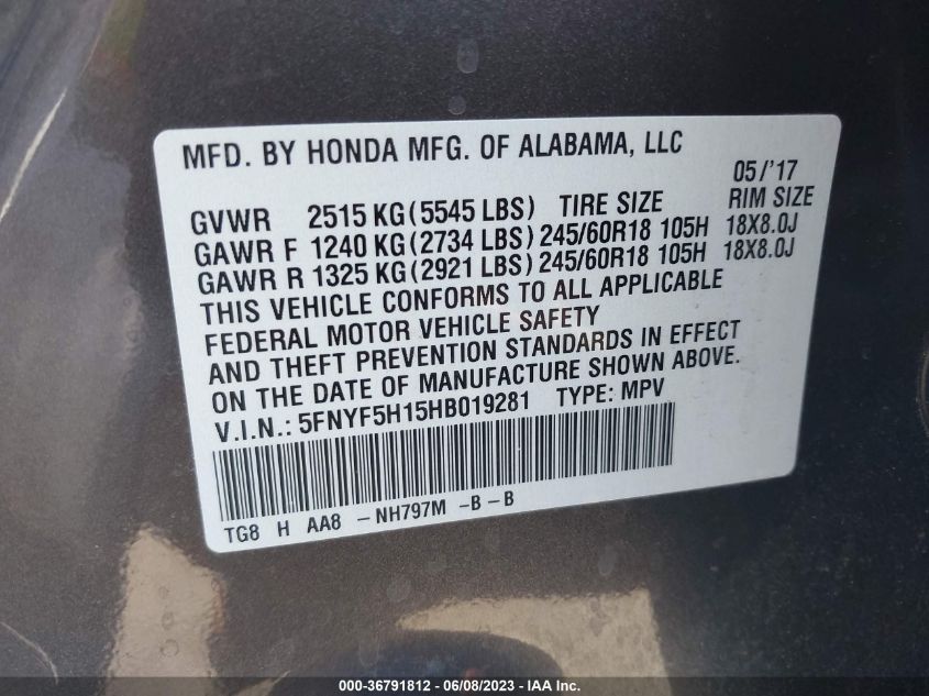 2017 HONDA PILOT LX - 5FNYF5H15HB019281