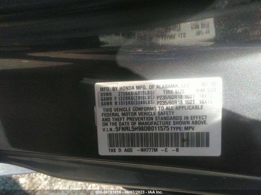 2013 HONDA ODYSSEY TOURING - 5FNRL5H98DB011575