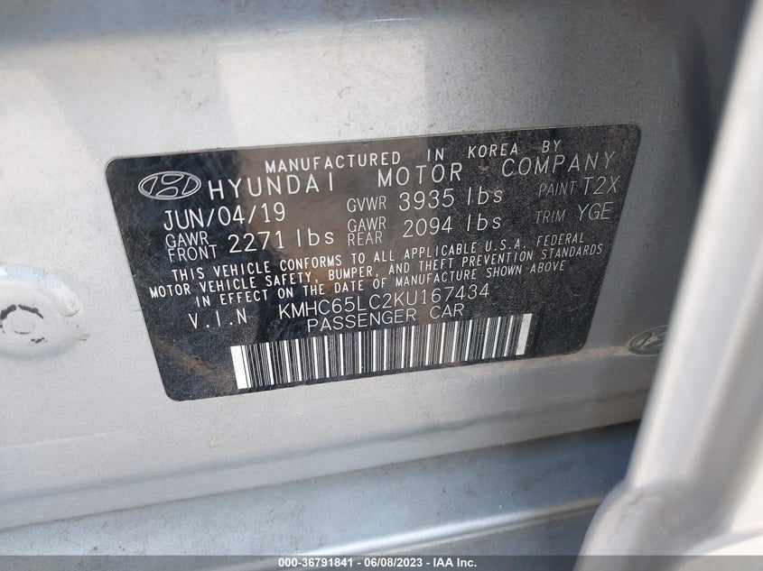 VIN KMHC65LC2KU167434 2019 HYUNDAI IONIQ HYBRID BLUE