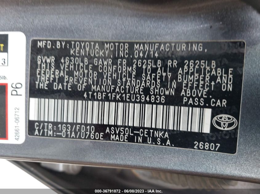 2014 TOYOTA CAMRY L/SE/LE/XLE - 4T1BF1FK1EU394836