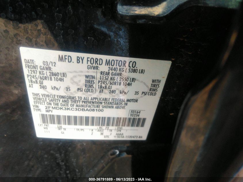 2FMDK3KC3DBA08100 2013 FORD EDGE, photo no. 9