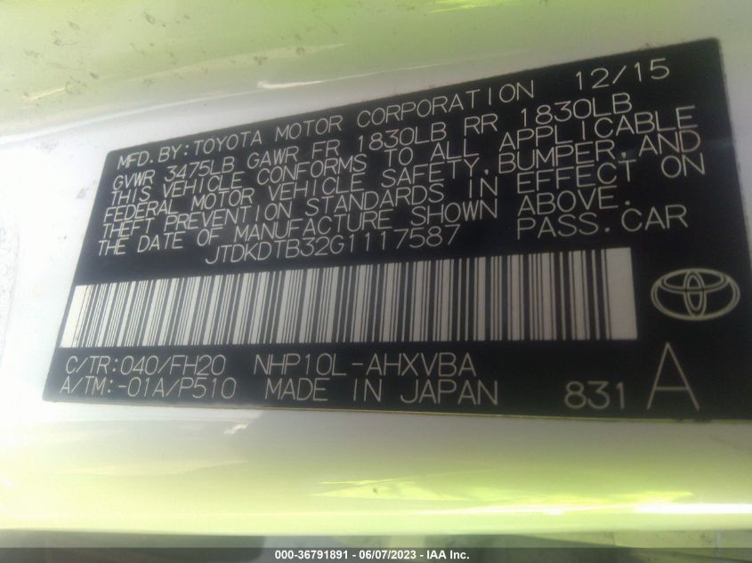 2016 TOYOTA PRIUS C ONE/TWO/THREE/FOUR - JTDKDTB32G1117587
