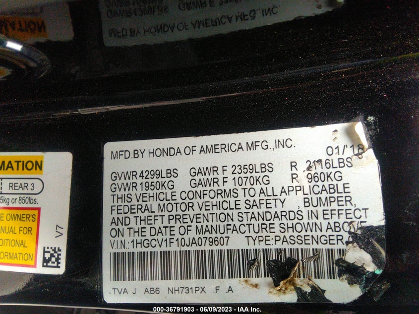 VIN 1HGCV1F10JA079607 2018 HONDA ACCORD SEDAN LX 1.5T