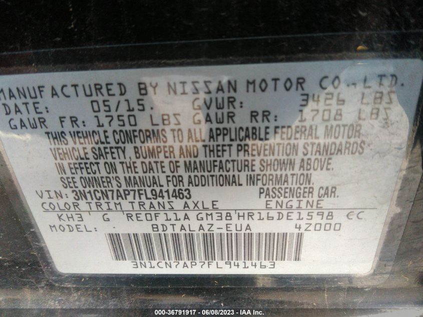 2015 NISSAN VERSA S/S PLUS/SV/SL - 3N1CN7AP7FL941463