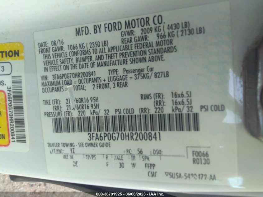 2017 FORD FUSION S - 3FA6P0G70HR200841