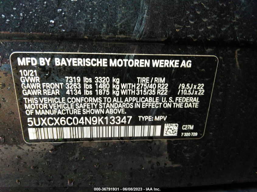 2022 BMW X7 M50I 5UXCX6C04N9K13347