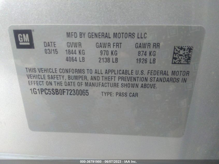 2015 CHEVROLET CRUZE LT - 1G1PC5SB0F7230065