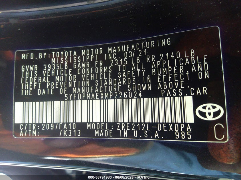 VIN 5YFDPMAEXMP226024 2021 TOYOTA COROLLA L