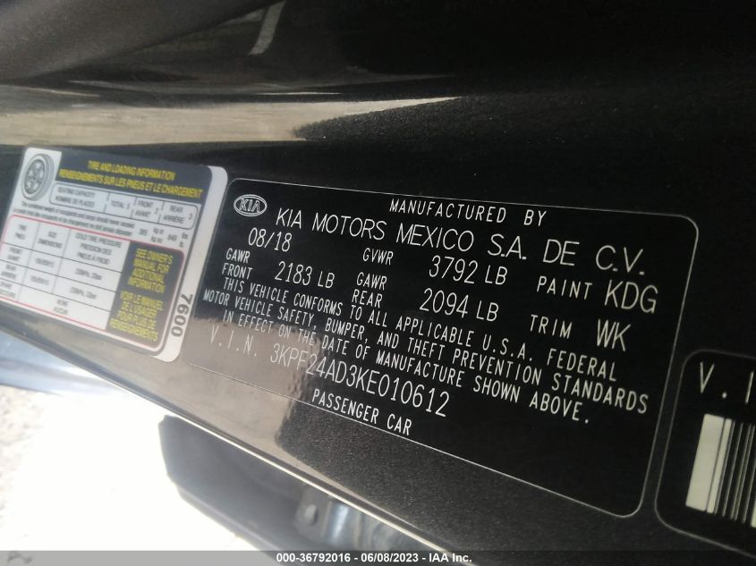 2019 KIA FORTE FE - 3KPF24AD3KE010612