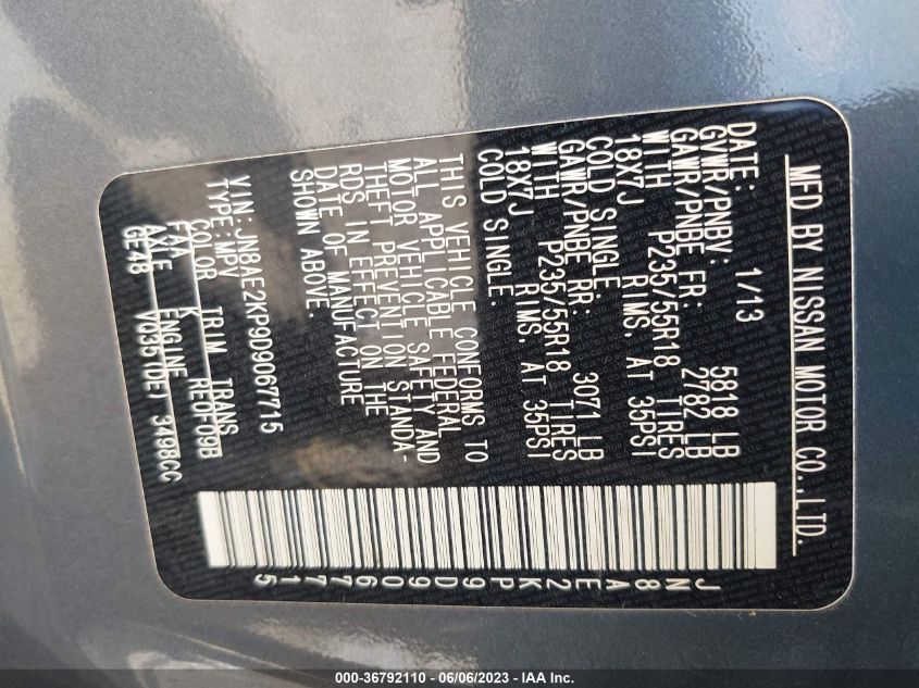 2013 NISSAN QUEST SL - JN8AE2KP9D9067715