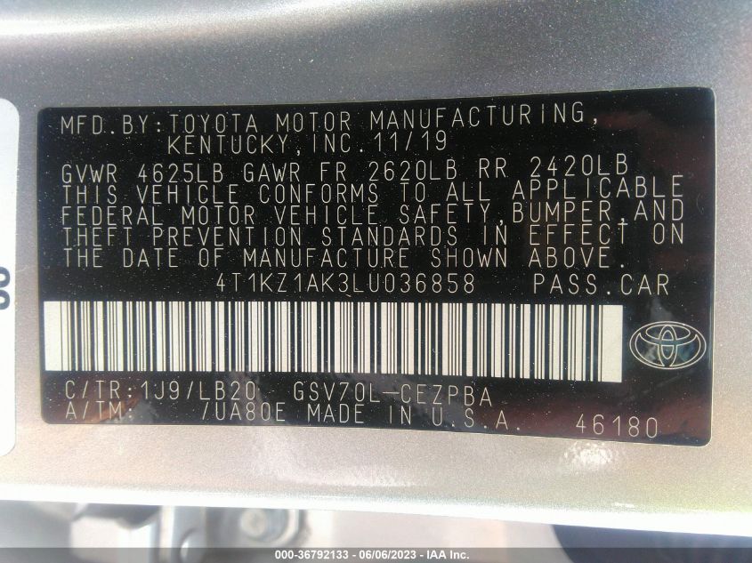 2020 TOYOTA CAMRY V6 - 4T1KZ1AK3LU036858