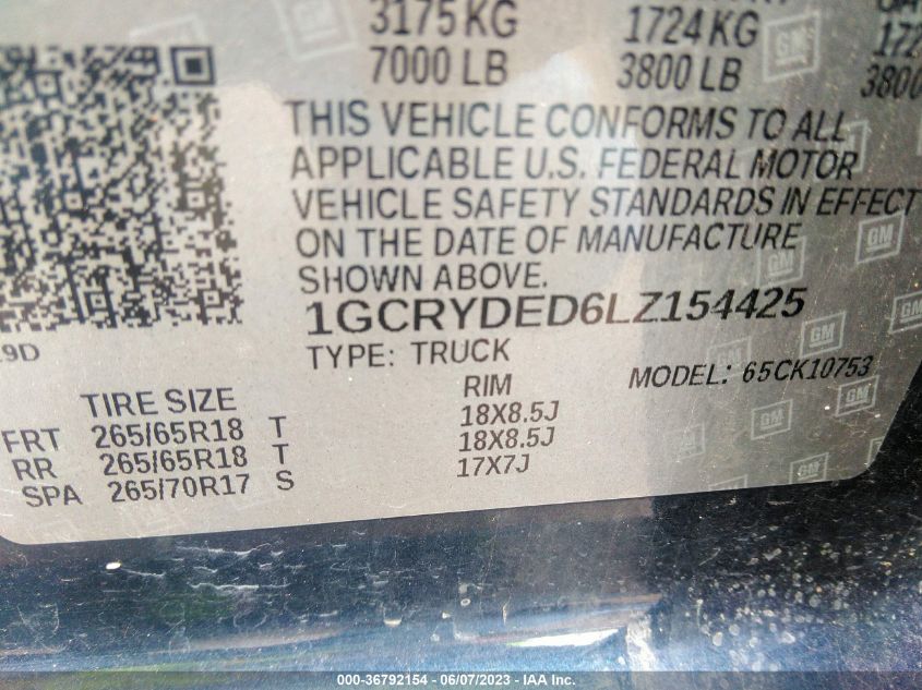 2020 CHEVROLET SILVERADO 1500 LT - 1GCRYDED6LZ154425
