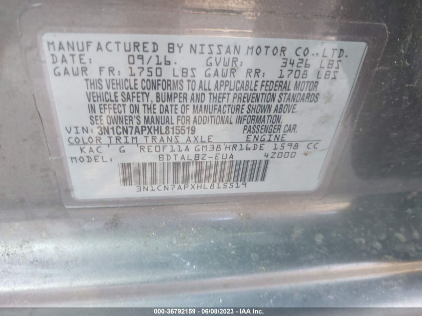 2017 NISSAN VERSA SEDAN S/S PLUS/SL/SV - 3N1CN7APXHL815519