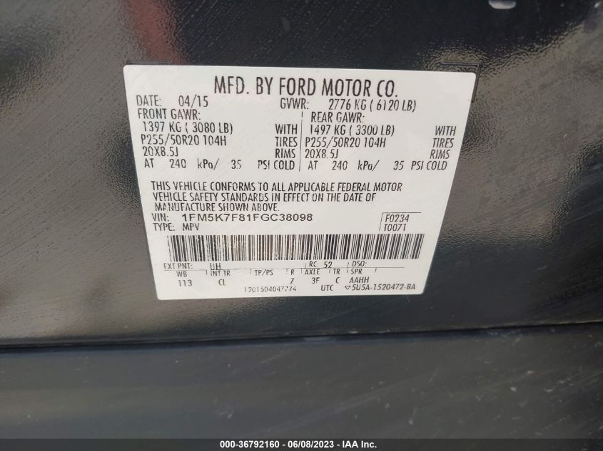 2015 FORD EXPLORER LIMITED - 1FM5K7F81FGC38098