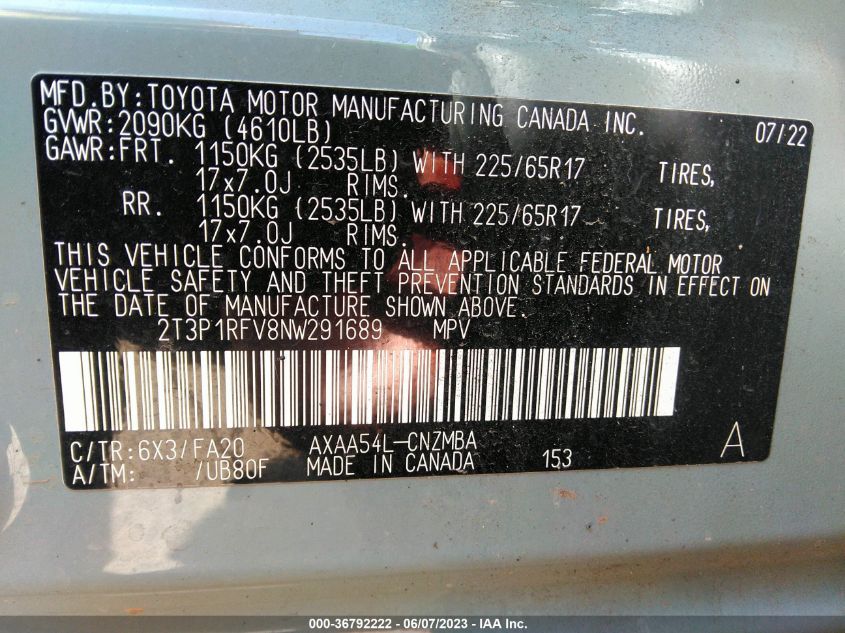 2022 TOYOTA RAV4 XLE - 2T3P1RFV8NW291689