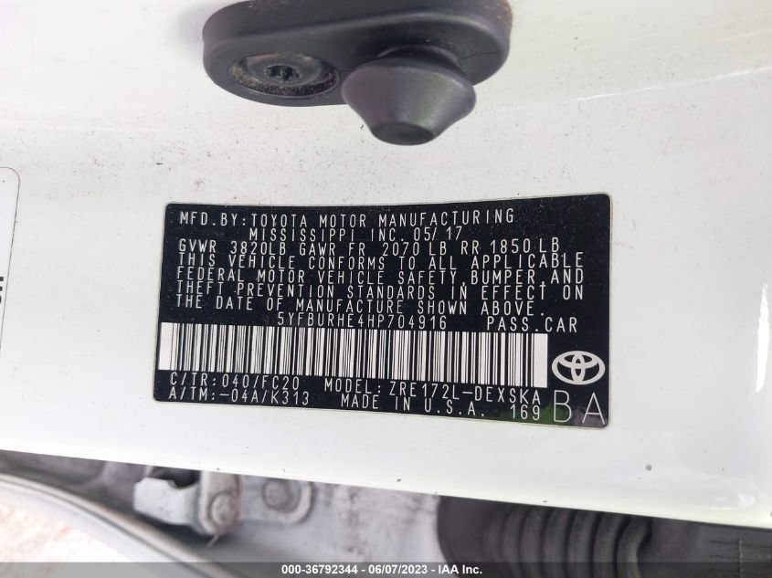 2017 TOYOTA COROLLA L/LE/XLE/SE - 5YFBURHE4HP704916