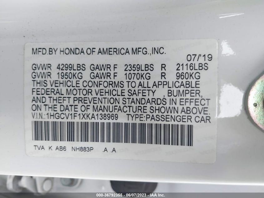 2019 HONDA ACCORD SEDAN LX 1.5T - 1HGCV1F1XKA138969