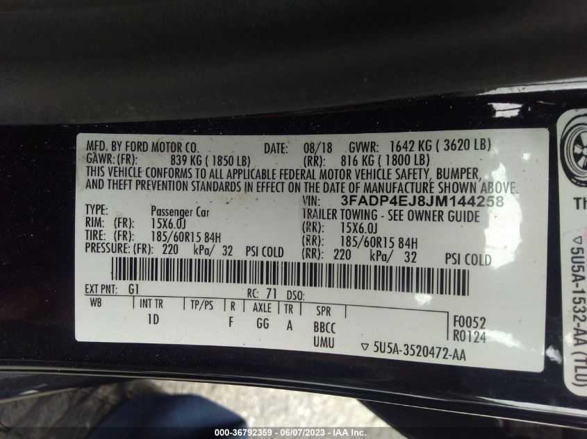 2018 FORD FIESTA SE - 3FADP4EJ8JM144258
