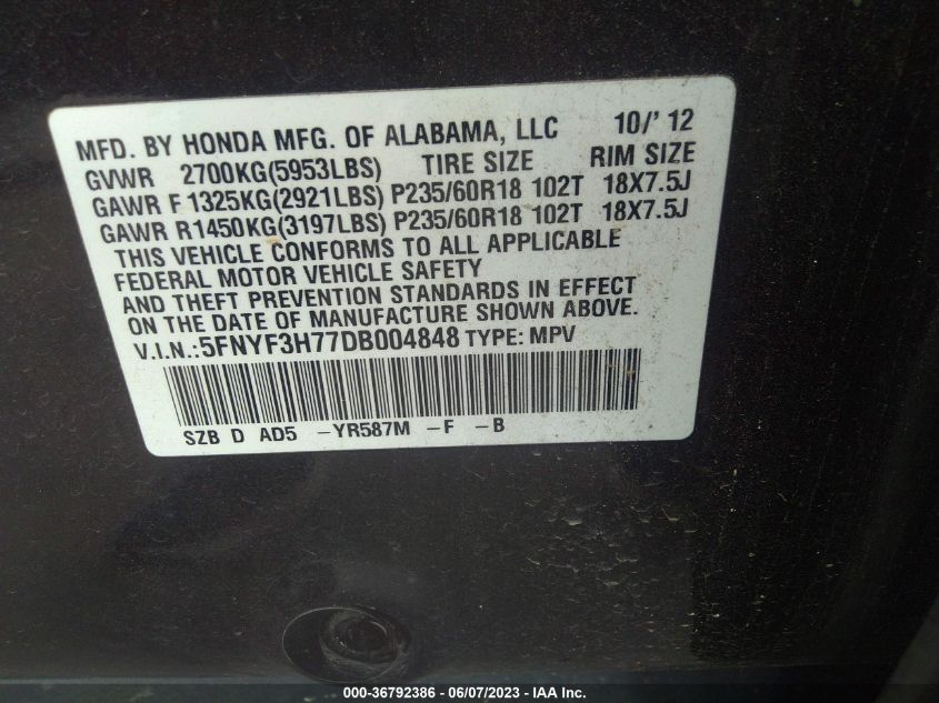 2013 HONDA PILOT EX-L - 5FNYF3H77DB004848