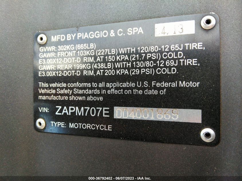 2013 PIAGGIO TYPHOON 125 ZAPM707E0D4001869