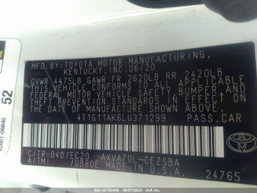 2020 TOYOTA CAMRY SE/SE NIGHT SHADE - 4T1G11AK6LU371299