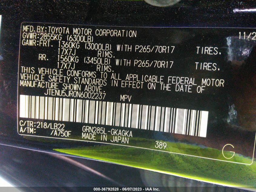 2022 TOYOTA 4RUNNER SR5/SR5 PREMIUM/TRAIL/LIM - JTENU5JR0N6002237