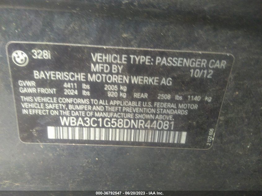 2013 BMW 3 SERIES 328I - WBA3C1G58DNR44081
