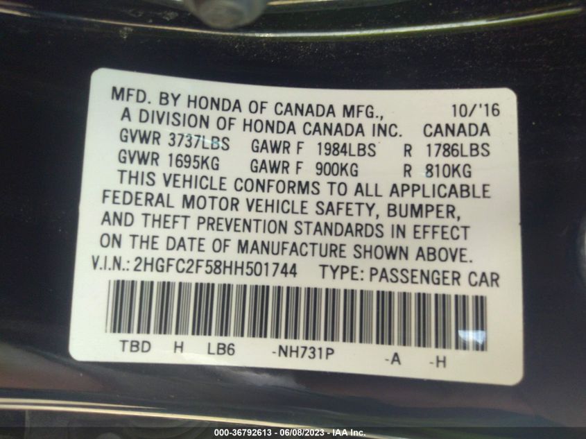 2017 HONDA CIVIC SEDAN LX - 2HGFC2F58HH501744