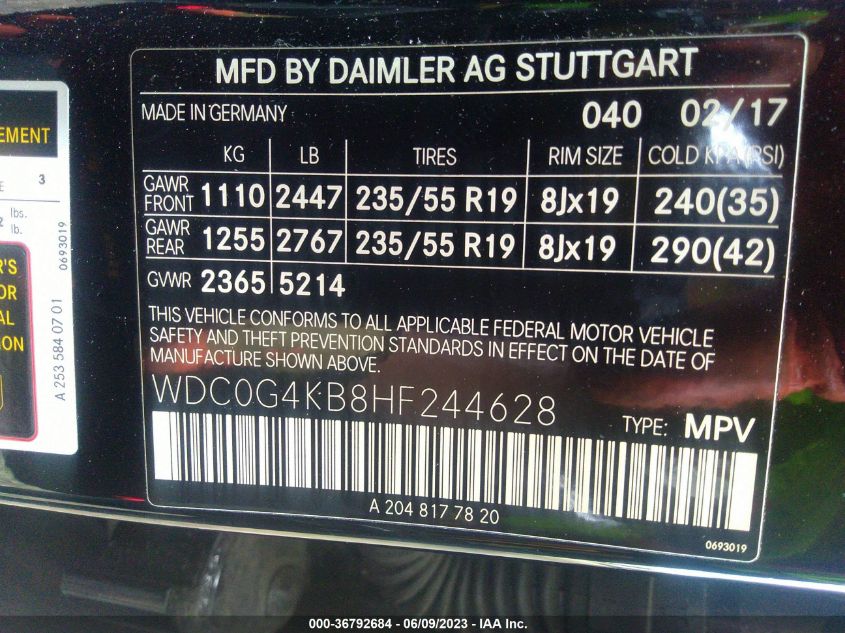 2017 MERCEDES-BENZ GLC GLC 300 - WDC0G4KB8HF244628