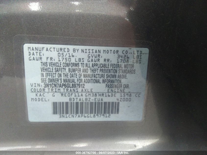 2016 NISSAN VERSA S/S PLUS/SL/SV - 3N1CN7AP6GL897912